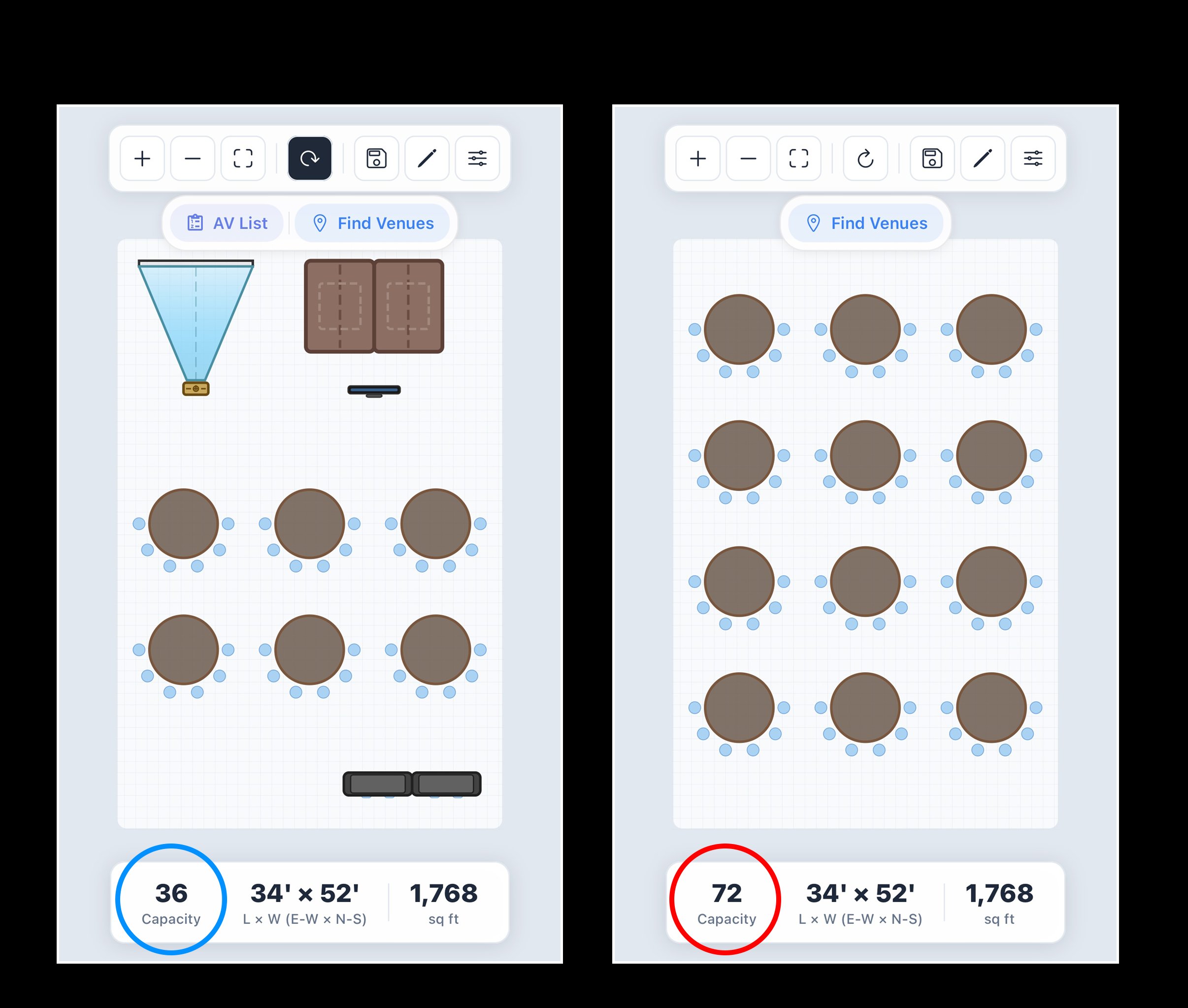 WIFT app side-by-side showing hotel-stated capacity of 72 versus WIFT production-ready capacity of 36 in the same 1,768 sq ft room